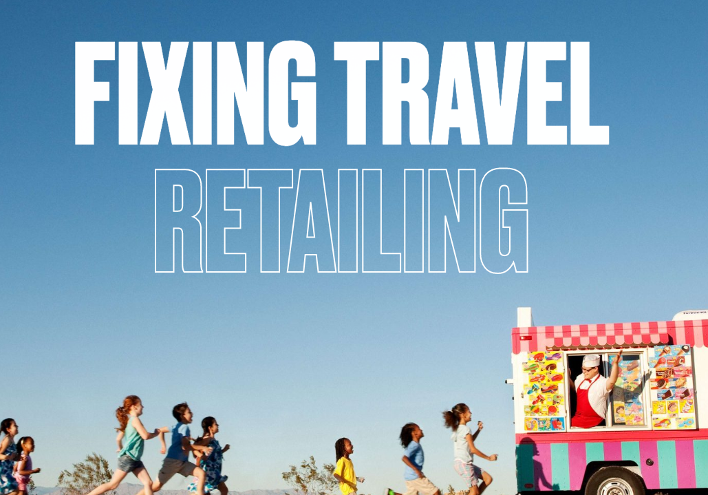 Fixing Travel Retailing banner above a queue of children at an icecream truck